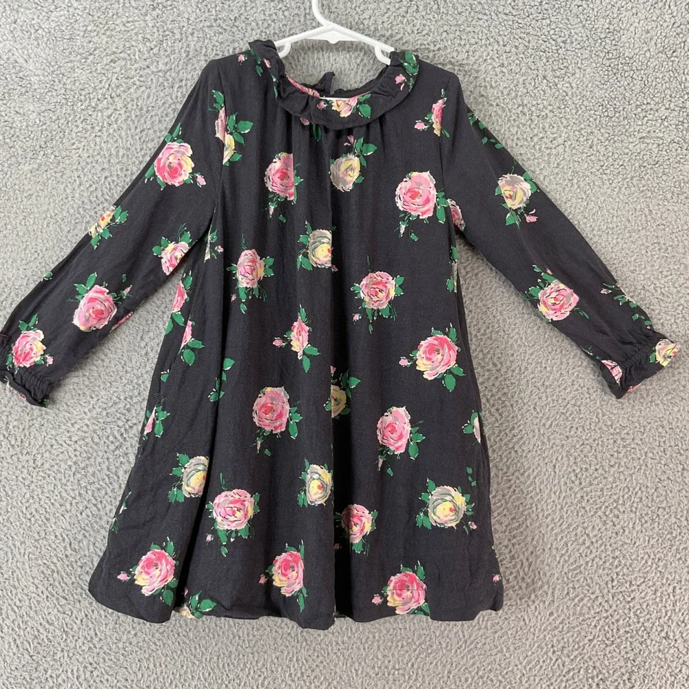 Mini Boden Floral Dress Kids 7-8Y Black Rose Print Autumnal Long Sleeve Ruffle